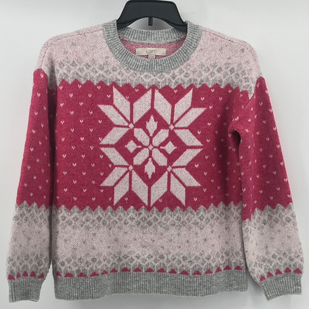 Loft Womens Pink Grey Fair Isle Snowflake Crew Neck Sweater Size Small